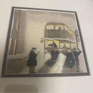 Set of 2 VintageFramed Cross Stitch Artwork with Brown Frames  Bus and Train UK